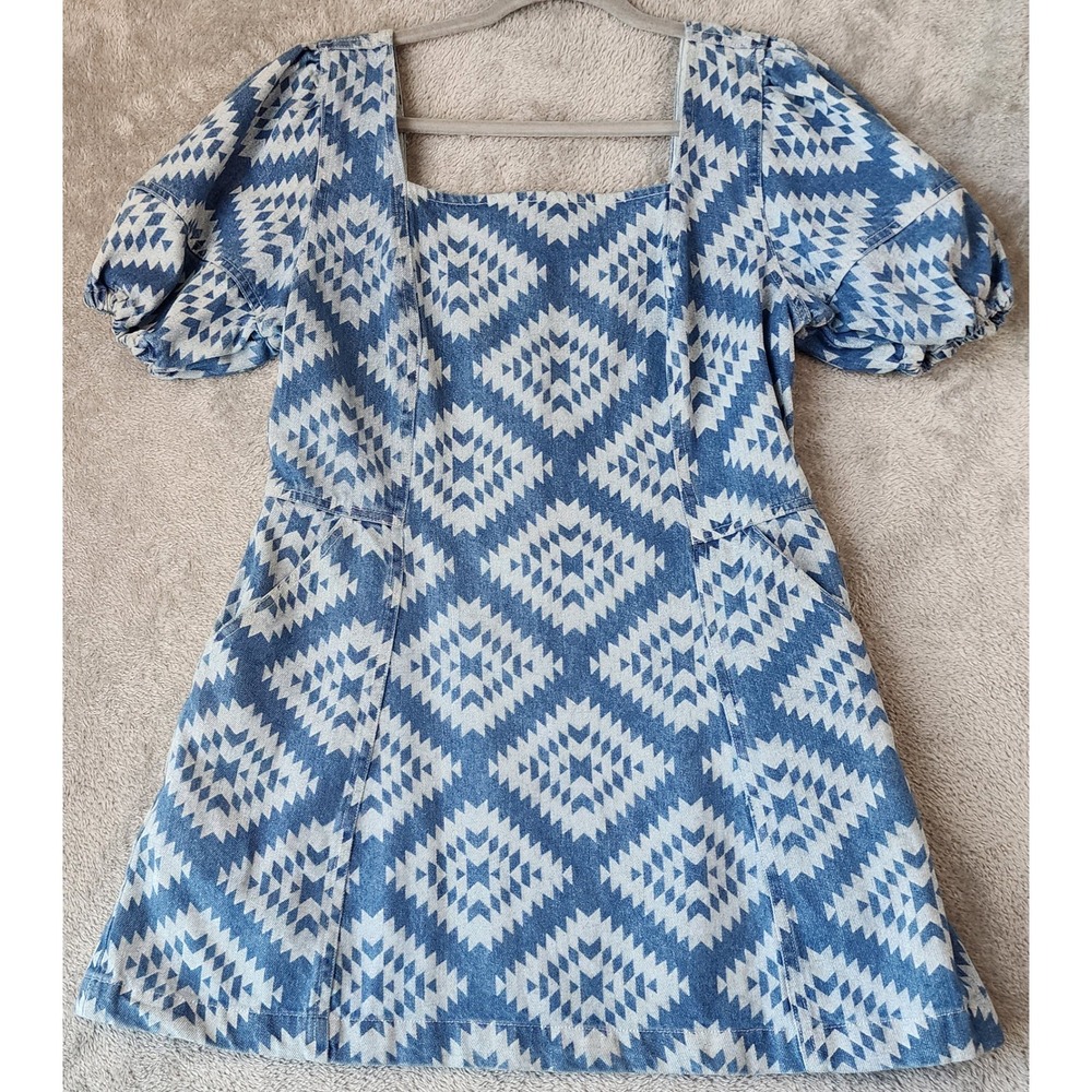 Cotton‎ Rye Dress Womens Medium Blue Denim Geometric Southwestern Mini